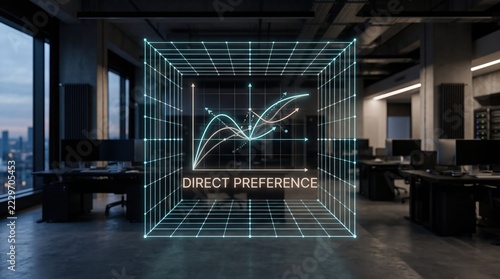 Digital 3D data cube with analytical graphs showing market preferences in a modern corporate office, symbolizing strategic business insights and data-driven decisions