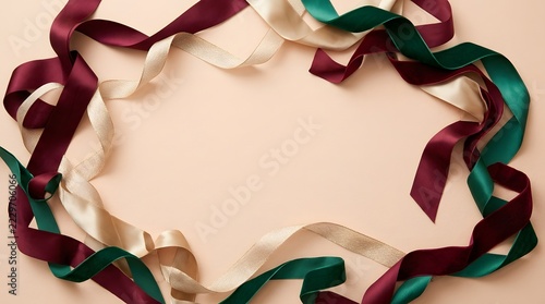 Elegant silk ribbons arranged in a decorative circular frame on a neutral background