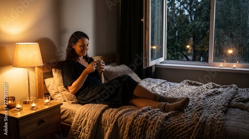 Cozy Rainy Night Relaxation – Woman Drinking Tea by the Window in a Warm Bedroom
