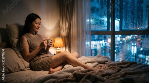Cozy Rainy Night Relaxation – Woman Drinking Tea by the Window in a Warm Bedroom