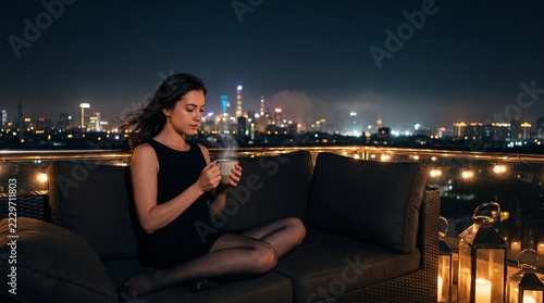 Cozy Rainy Night Relaxation – Woman Drinking Tea by the Window in a Warm Bedroom