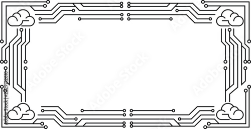 Cloud Computing Circuit Frame Continuous Line Art - Digital Technology Border Vector Illustration