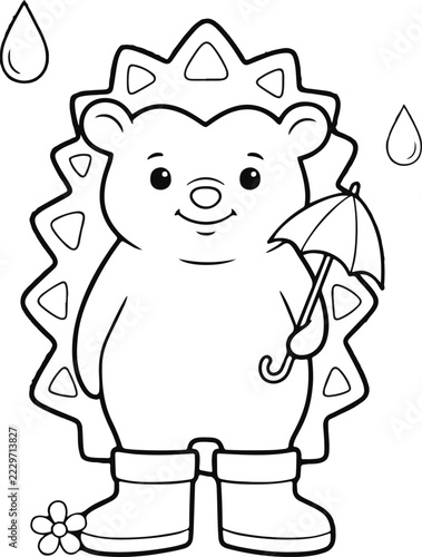 Cute hedgehog coloring page for kids, cartoon hedgehog standing in rain with umbrella and boots, vector line art outline for coloring book