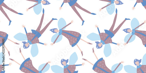 Elves flying seamless pattern, fictional cartoon characters, vector illustration, wallpaper, paper, white background