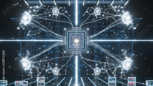 Vertical beam appearing revealing AI microchip, expanding network in dark data plane forming hub