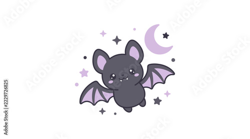 Bat flying among stars concept illustration with colorful elements for creative decoration and seasonal celebration isolated background