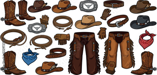 Obraz na plátně Western cowboy clothing and accessories vector collection featuring chaps boots