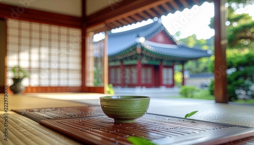 Traditional green ceramic tea bowl on a wooden tray inside a peaceful room with tatami mats, overlooking a beautiful temple and garden. Serene Zen atmosphere for relaxation.