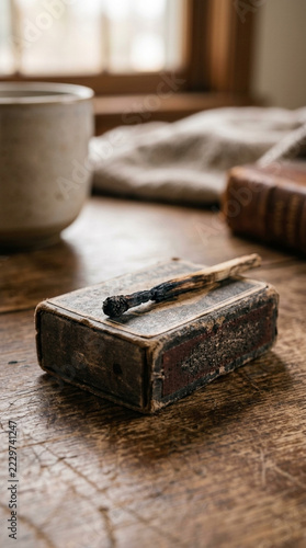 Vintage matchbox with burnt matchstick on rustic wooden table close up shot warm ambient light