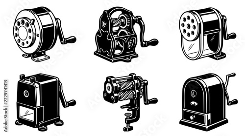 Six vintage pencil sharpeners in black and white line art