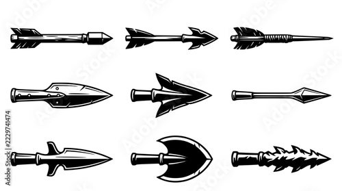 Nine black and white arrowhead designs