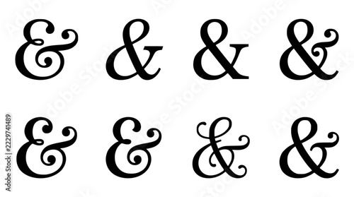Eight variations of ampersand symbol in black script font