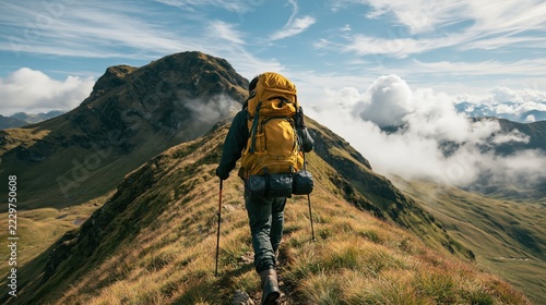 rear view of hiker with yellow backpack walking along a grassy mountain ridge above the clouds