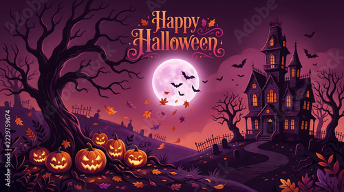 Happy Halloween spooky landscape with haunted house glowing pumpkins and full moon