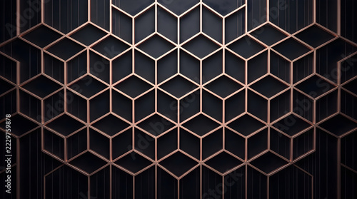 Abstract geometric cube pattern with rose gold metallic lines on a dark background