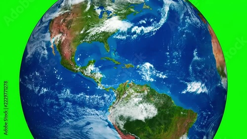 Rotating planet Earth globe with green screen background showing continents and oceans for digital media editing