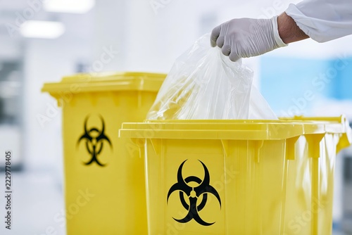 Gloved hand discards biohazard bag into bright yellow disposal bin with biohazard symbol in a clean laboratory setting