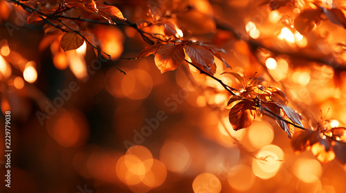 Photorealistic autumn bokeh background with warm amber sunlight through blurred foliage