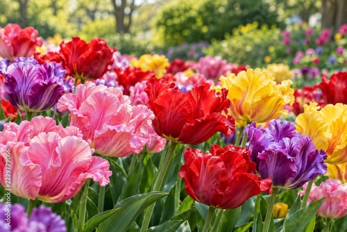 Vibrant ruffled tulips in pink red yellow and purple in a spring garden