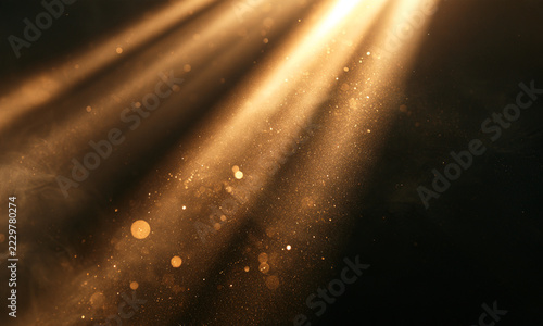 Sunlight beams penetrate a dark environment with floating dust particles. Warm golden hues softly illuminate the ambient space in distinct rays. This atmospheric effect creates a serene and.