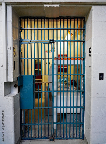 Fotografie A locked blue steel-barred door secures the entrance to an institutional inmate