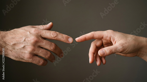 Two hands, one male and one female, reach out and almost touch fingers against a dark background.