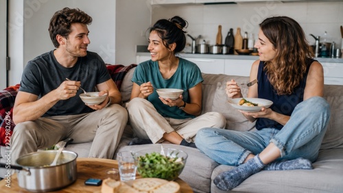 Three roommates eating homemade dinner together on the sofa