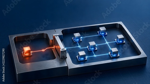 Abstract network of glowing cubes connected by light lines