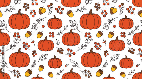 Seamless pattern with orange pumpkins and autumn berries in a hand drawn doodle sketch style
