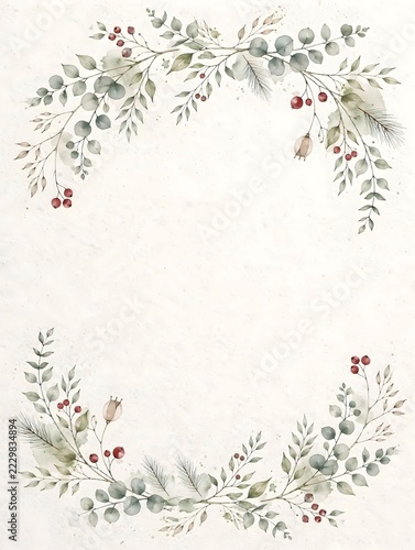 Elegant minimalist Christmas card art featuring soft watercolor eucalyptus garlands, delicate pine branches and red winter berries. 
