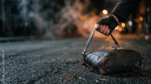Gloved hand lifting a worn handbag from debris-strewn street. Store looting and theft concept. Civil unrest and urban crime. Stolen property, break-in aftermath, social crisis