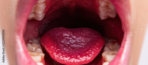 Close-up internal view of open mouth, showing tongue, teeth, and throat