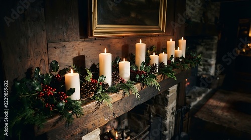 Cozy Christmas Fireplace Mantel Decorated with Candles and Garland.