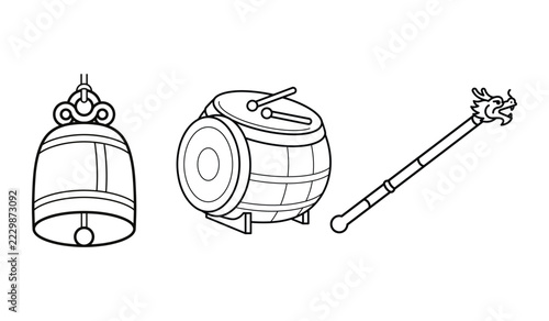 Asian cultural icons set featuring bell drum and dragon head.
