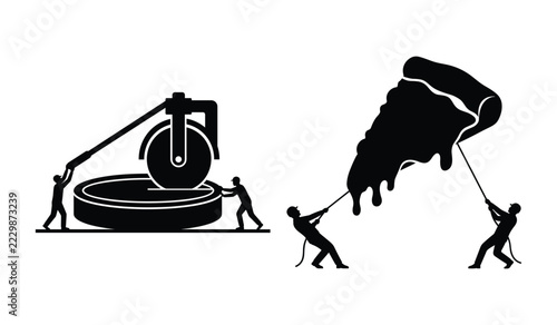 Working men with giant pizza slice silhouette icon collection.