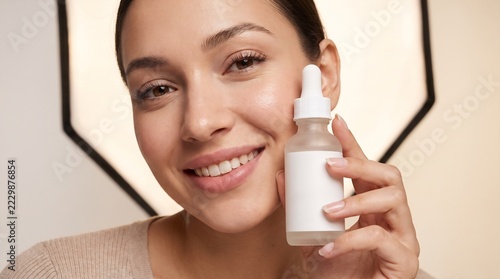 Smiling young woman holding a blank frosted glass serum dropper bottle mockup