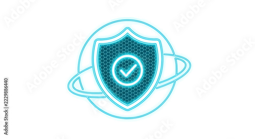 Neon shield with check mark emblem representing security and protection icon.