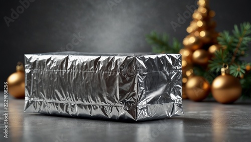 A silver wrapped in foil next to a christmas tree