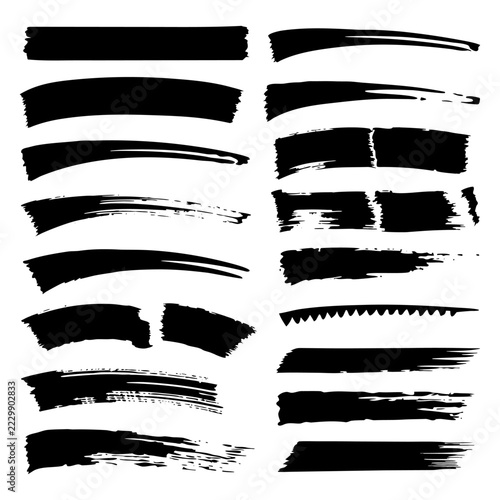 Black ink paint brush strokes collection set isolated on white background
