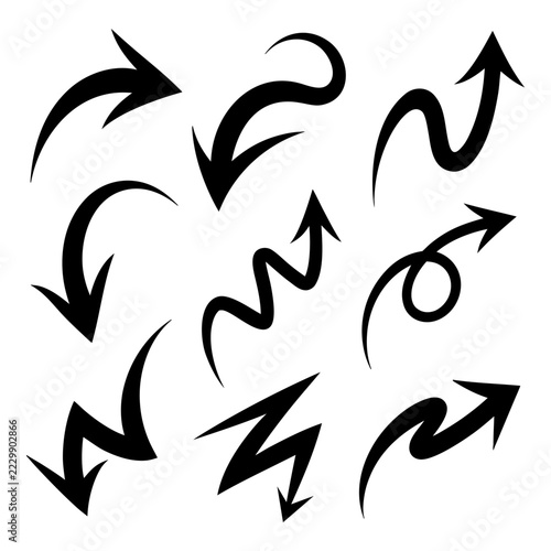 Set of black curved arrows pointing directions isolated on white background