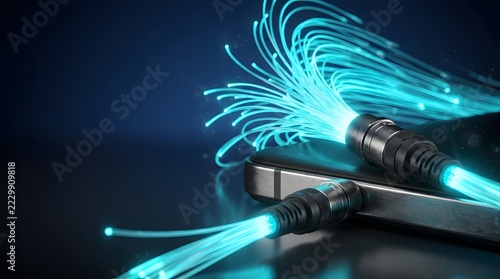 Glowing fiber optic cables emitting bright cyan light connected to a