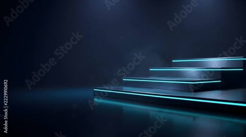 Futuristic tablet stack with glowing cyan edges on dark reflective