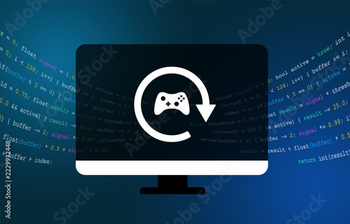 AI-assisted game porting combines decompilation and recompilation for legacy games across platforms. Reverse engineering supports game preservation and software compatibility, vector illustration.
