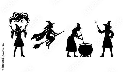 Magical Female Witch Silhouettes in Four Fantasy Poses Vector Set