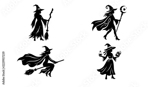  Set of Four Female Witch Silhouettes with Magical Accessories