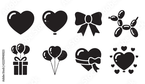 Black silhouette birthday holiday objects vector design template for valentines day or wedding celebration.