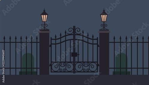 Spooky closed cemetery wrought iron gate with glowing vintage lanterns and gravestones at dark misty night.