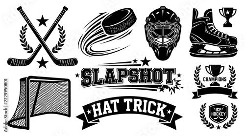 Photography Set of Professional Ice Hockey Sport Emblems and Vector Elements