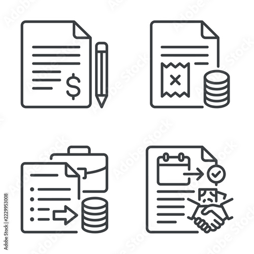 Set of four thin line business document and finance icons.