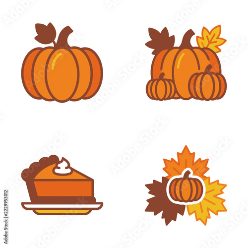 Set of autumn harvest icons with pumpkins and pumpkin pie slice.